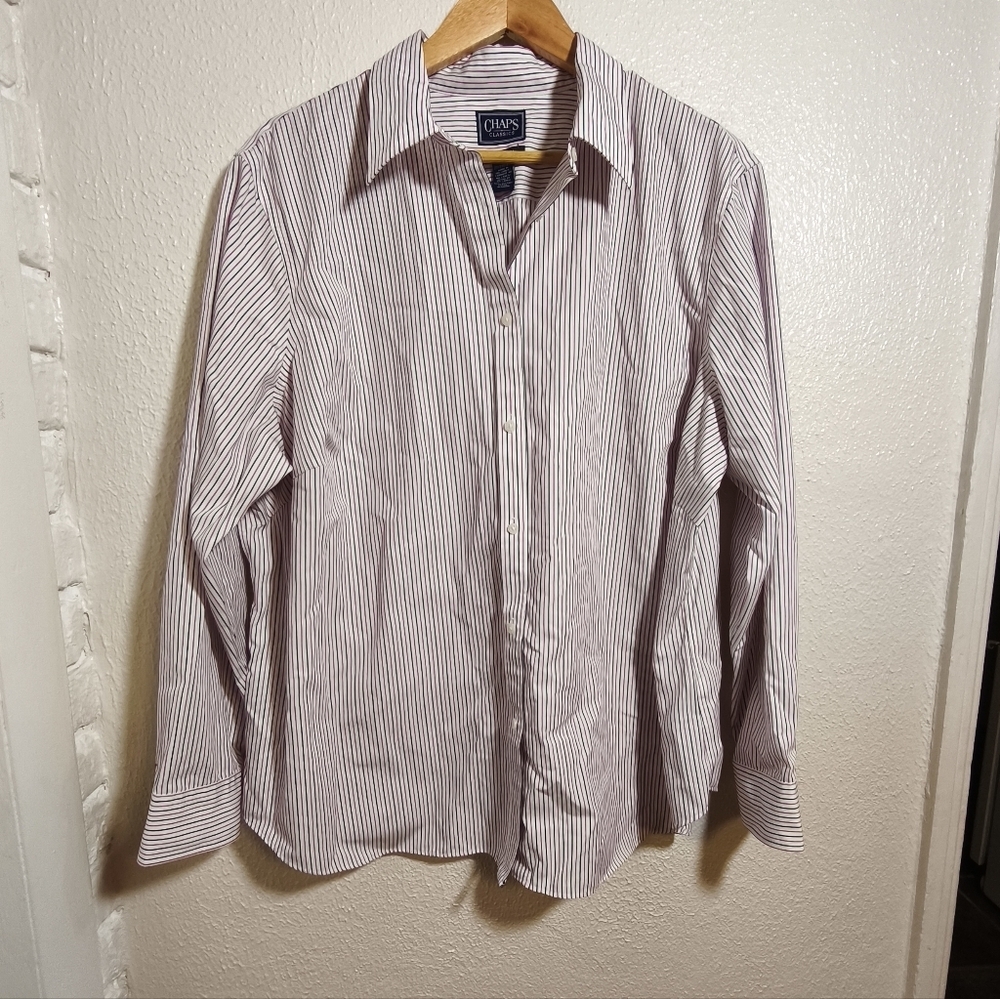 RL Chaps No Iron Striped Button Down Classic Fit Shirt Blouse sz 2X Navy Pink